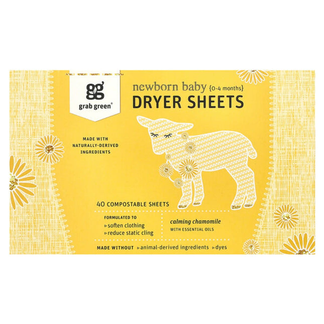 Grab Green, Newborn Baby Dryer Sheets, 0-4 Months, 40 Compostable Sheets  - front of pack