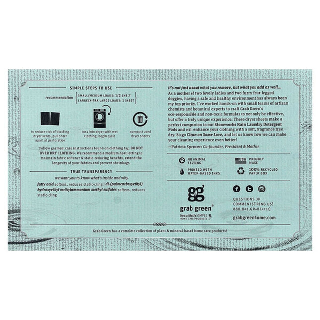 Grab Green, Stoneworks™, Dryer Sheets, Rain, 80 Compostable Sheets  - back label with ingredients