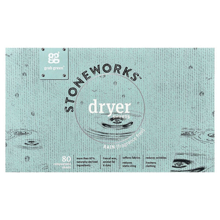 Grab Green, Stoneworks™, Dryer Sheets, Rain, 80 Compostable Sheets  - front of pack