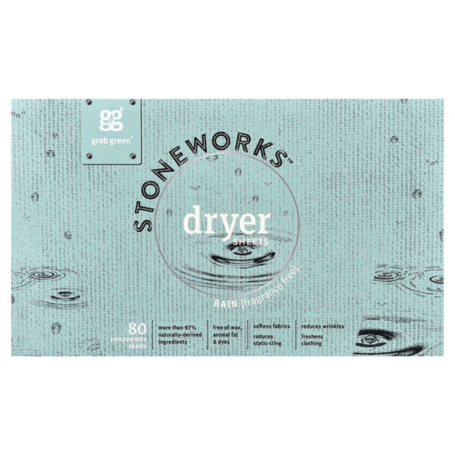 Grab Green, Stoneworks™, Dryer Sheets, Rain, 80 Compostable Sheets  - front of pack