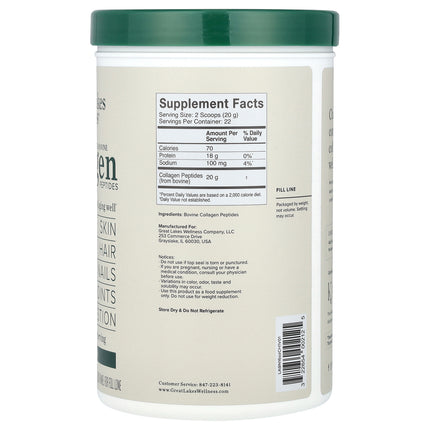 Great Lakes Wellness Grass-Fed Bovine Collagen Peptides, Unflavoured - Back label with supplement facts and ingredients