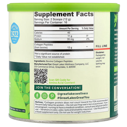 Great Lakes Wellness Quick Dissolve Collagen Peptides, Daily Wellness, Unflavoured - Back label with supplement facts and ingredients