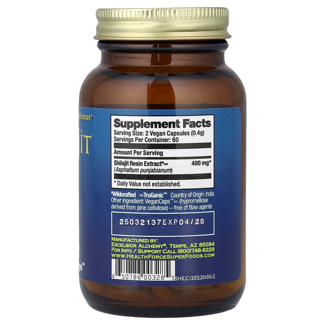 HealthForce Superfoods Shilajit 120 Vegan Caps 200 mg - back label with supplement facts