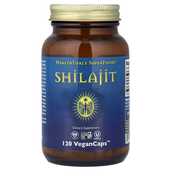 Front of HealthForce Superfoods Shilajit jar, 120 vegan capsules