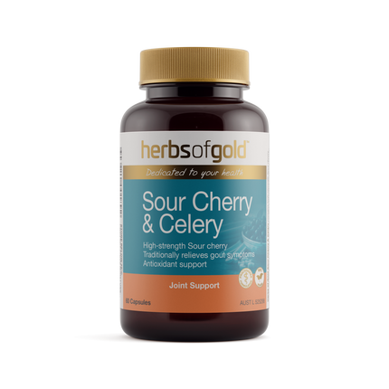 Herbs of Gold Sour Cherry & Celery 60 capsules bottle, front of label