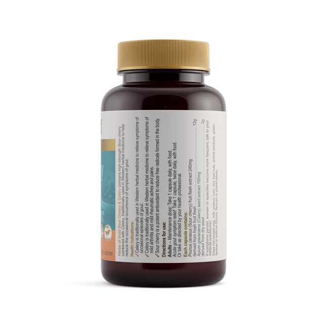 Herbs of Gold Sour Cherry & Celery back label showing sour cherry and celery seed extract amounts and directions for use
