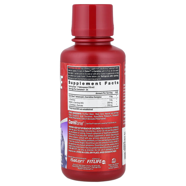Isatori L-Carnitine, Mixed Berry 360 ml (12 fl oz) - back label with supplement facts and ingredients
