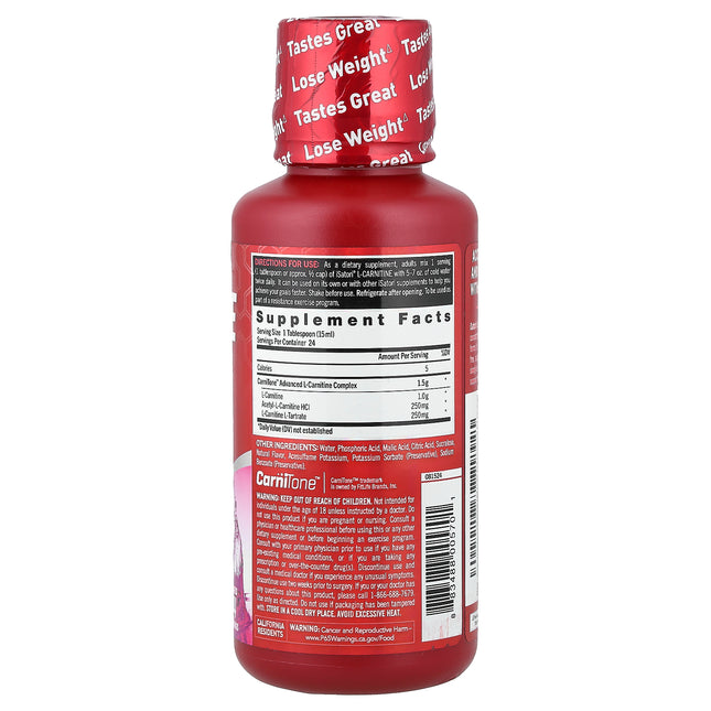Isatori L-Carnitine, Pink Lemonade 360 ml (12 fl oz) - back label with supplement facts and ingredients