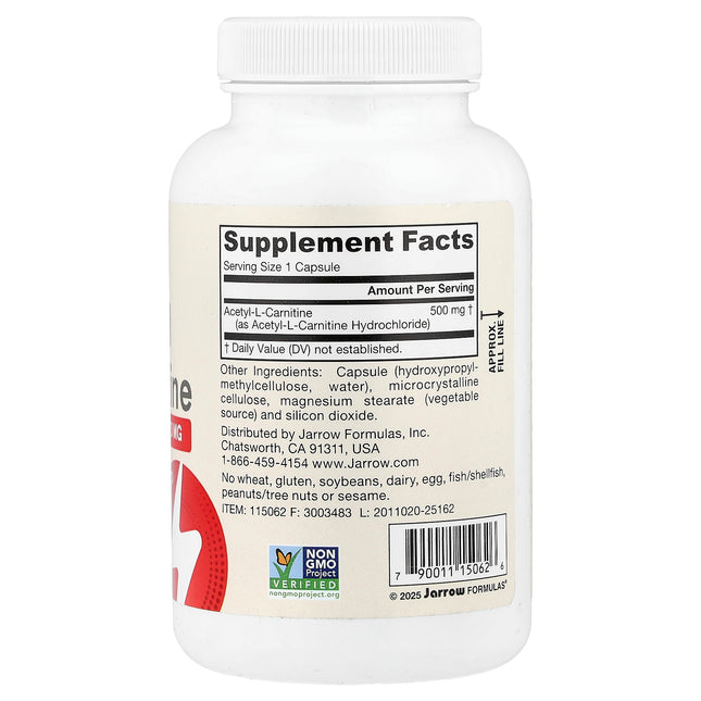 Jarrow Formulas Vegan Acetyl L-Carnitine, 500 mg 120 Veggie Capsules - back label with supplement facts and ingredients