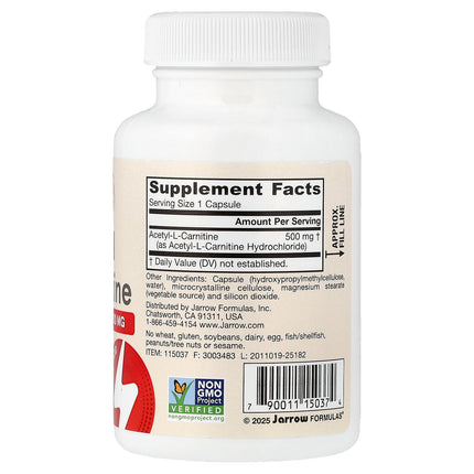 Jarrow Formulas Vegan Acetyl L-Carnitine, 500 mg 60 Veggie Capsules - back label with supplement facts and ingredients