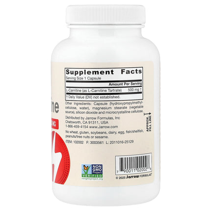 Jarrow Formulas Vegan L-Carnitine, 500 mg 100 Veggie Capsules - back label with supplement facts and ingredients
