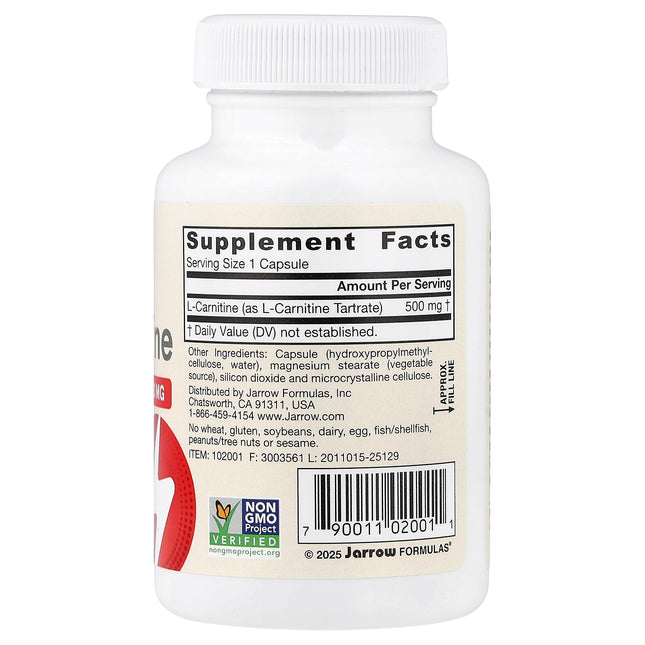 Jarrow Formulas Vegan L-Carnitine, 500 mg 50 Veggie Capsules - back label with supplement facts and ingredients