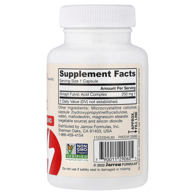 Jarrow Formulas Vegan Shilajit 250 mg 60 Veggie Capsules - back of bottle with supplement facts