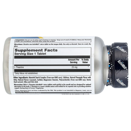 KAL L-Theanine, Pineapple, 25 mg, 120 Micro Tablets - supplement facts and ingredients label