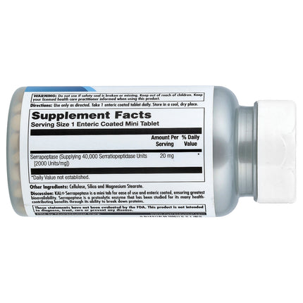 KAL Serrapeptase 20 mg 90 Tablets bottle, side label with supplement facts