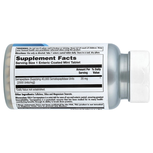 KAL Serrapeptase 20 mg 90 Tablets bottle, side label with supplement facts