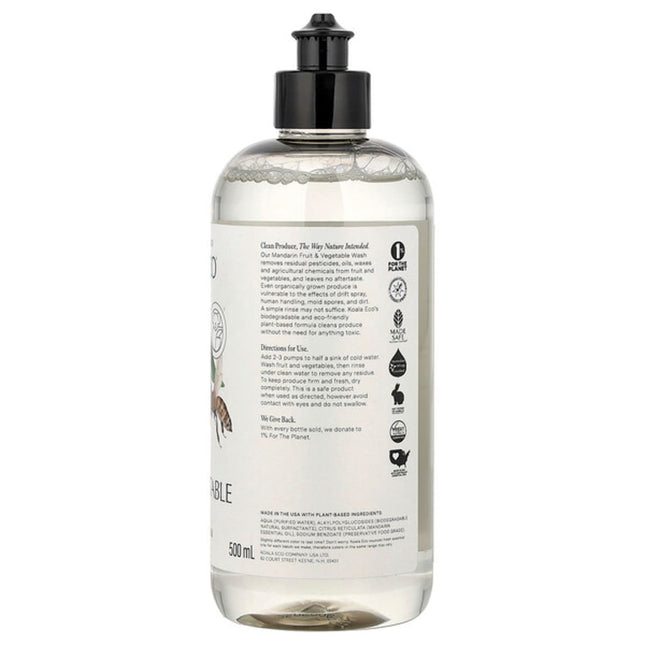 Koala Eco, Natural Fruit & Vegetable Wash, Australian Mandarin Essential Oil, 16.9 fl oz (500 ml)  - back label with ingredients