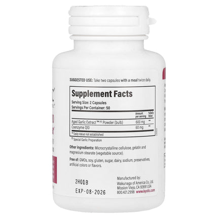 Kyolic Aged Garlic Extract CoQ10 Formula 110 capsules bottle - back label with supplement facts and ingredients