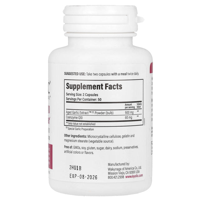 Kyolic Aged Garlic Extract CoQ10 Formula 110 capsules bottle - back label with supplement facts and ingredients
