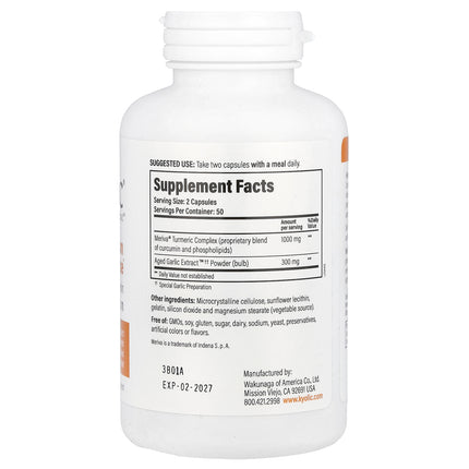 Kyolic Aged Garlic Extract Curcumin Formula 111 capsules bottle - back label with supplement facts and ingredients