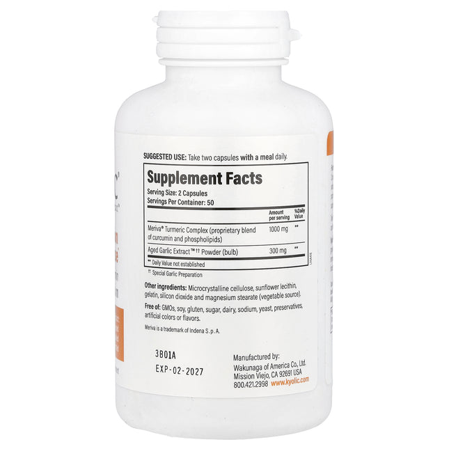 Kyolic Aged Garlic Extract Curcumin Formula 111 capsules bottle - back label with supplement facts and ingredients