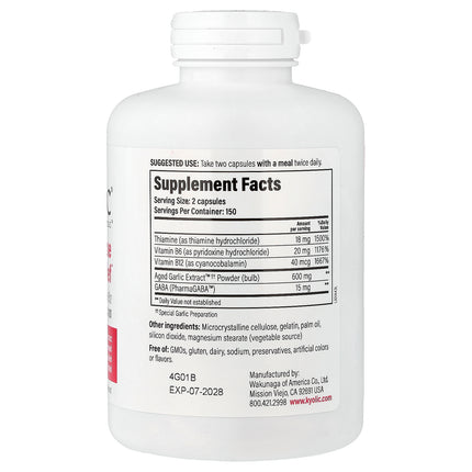 Kyolic Aged Garlic Extract Formula 101 capsules bottle - back label with supplement facts and ingredients
