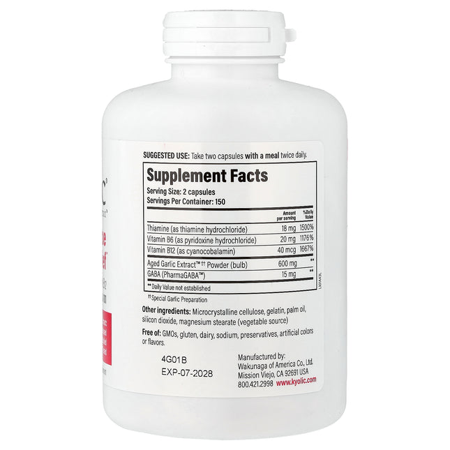 Kyolic Aged Garlic Extract Formula 101 capsules bottle - back label with supplement facts and ingredients