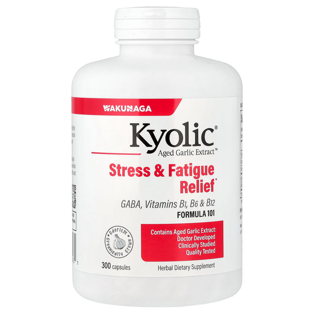 Kyolic Aged Garlic Extract Stress and Fatigue Relief Formula 101 capsules bottle - front of pack