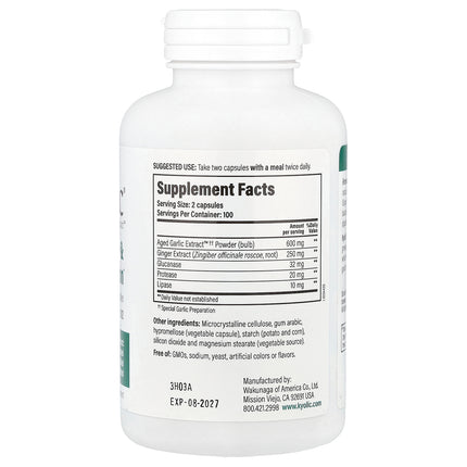 Kyolic Aged Garlic Extract Formula 102 veggie capsules bottle - back label with supplement facts and ingredients