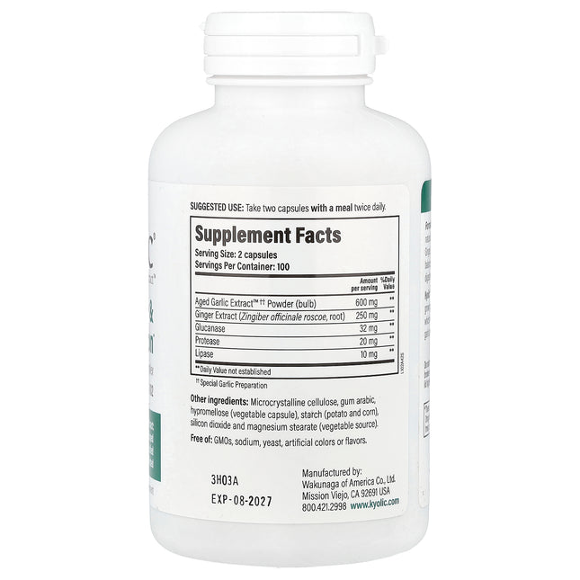 Kyolic Aged Garlic Extract Formula 102 veggie capsules bottle - back label with supplement facts and ingredients