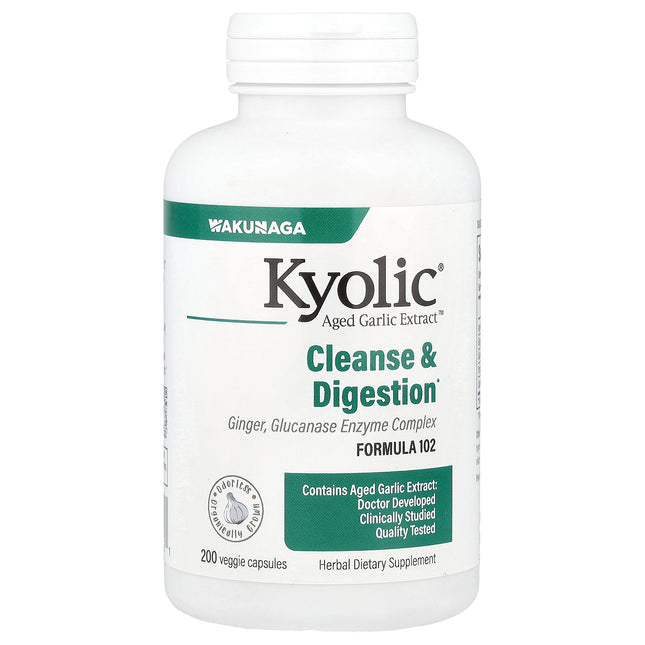 Kyolic Aged Garlic Extract Cleanse and Digestion Formula 102 veggie capsules bottle - front of pack