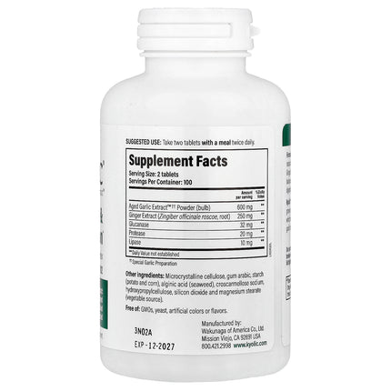 Kyolic Aged Garlic Extract Formula 102 veggie tablets bottle - back label with supplement facts and ingredients