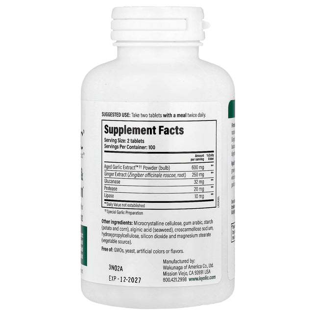 Kyolic Aged Garlic Extract Formula 102 veggie tablets bottle - back label with supplement facts and ingredients