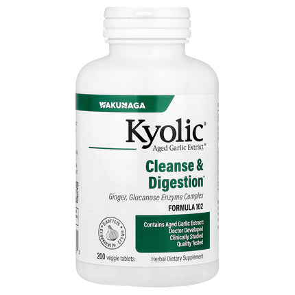 Kyolic Aged Garlic Extract Cleanse and Digestion Formula 102 veggie tablets bottle - front of pack