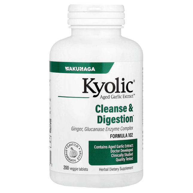 Kyolic Aged Garlic Extract Cleanse and Digestion Formula 102 veggie tablets bottle - front of pack