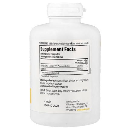 Kyolic Aged Garlic Extract Formula 104 capsules bottle - back label with supplement facts and ingredients