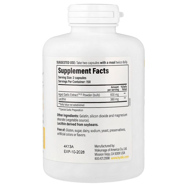 Kyolic Aged Garlic Extract Formula 104 capsules bottle - back label with supplement facts and ingredients