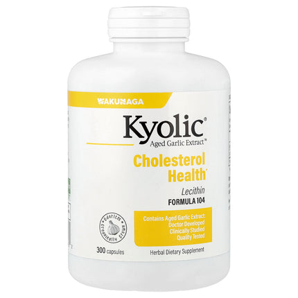 Kyolic Aged Garlic Extract Cholesterol Health with Lecithin Formula 104 capsules bottle - front of pack