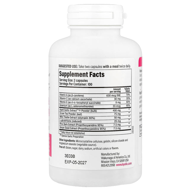 Kyolic Aged Garlic Extract Formula 105 capsules bottle - back label with supplement facts and ingredients