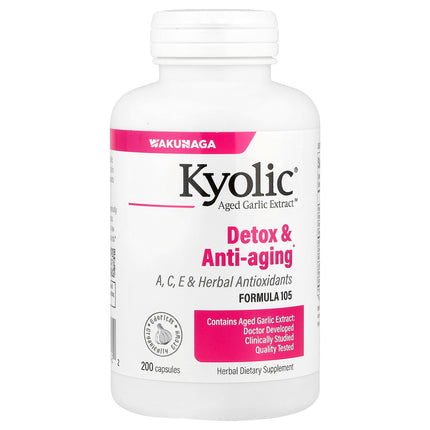 Kyolic Aged Garlic Extract Detox and Anti-Aging Formula 105 capsules bottle - front of pack