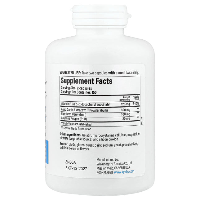 Kyolic Aged Garlic Extract Formula 106 capsules bottle - back label with supplement facts and ingredients