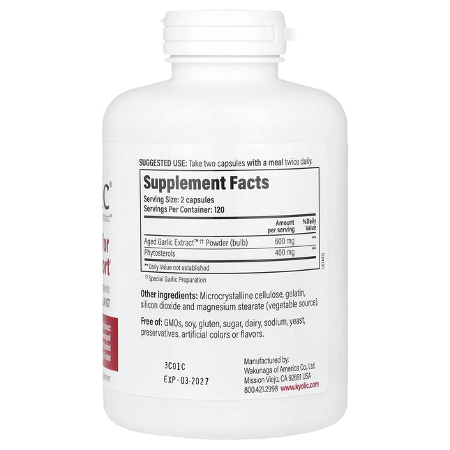 Kyolic Aged Garlic Extract Formula 107 capsules bottle - back label with supplement facts and ingredients