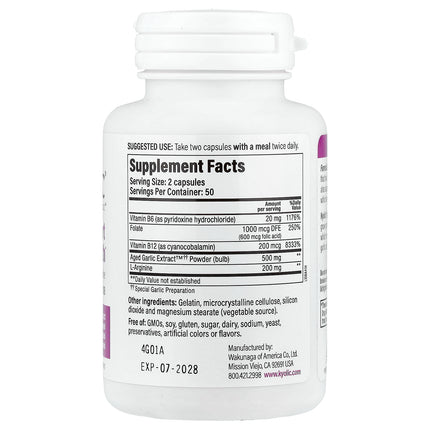 Kyolic Aged Garlic Extract Total Heart Health Formula 108 capsules bottle - back label with supplement facts and ingredients