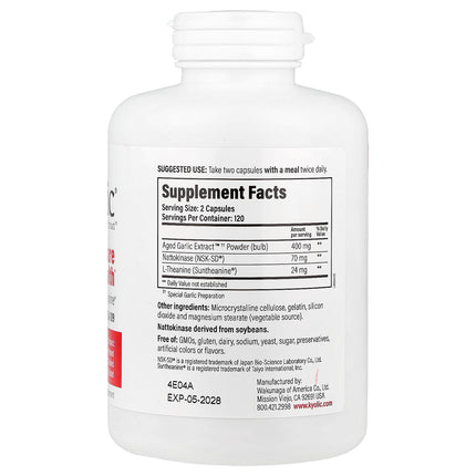 Kyolic Aged Garlic Extract Formula 109 capsules bottle - back label with supplement facts and ingredients