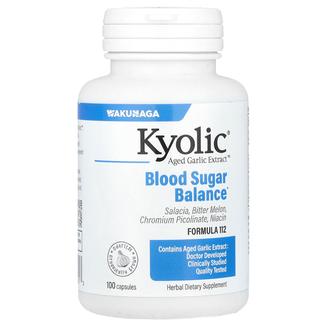 Kyolic Aged Garlic Extract Blood Sugar Balance Formula 112 capsules bottle - front of pack