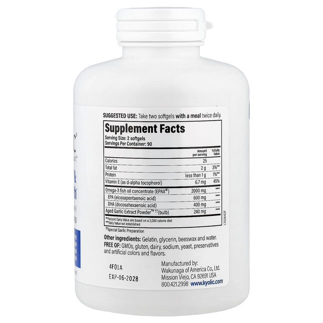 Kyolic Aged Garlic Extract Formula 150 softgels bottle - back label with supplement facts and ingredients