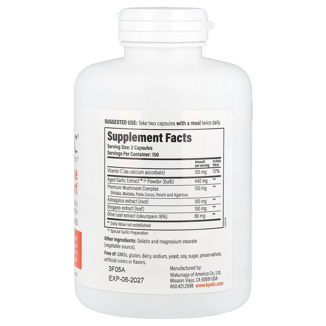 Kyolic Aged Garlic Extract Immune Support Formula 103 capsules bottle - back label with supplement facts and ingredients