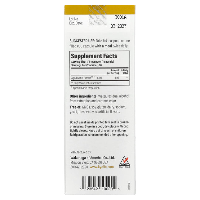 Kyolic Aged Garlic Extract Liquid 60 ml - back label with supplement facts and ingredients
