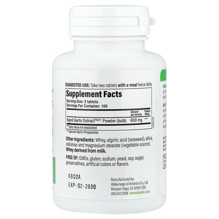 Kyolic Aged Garlic Extract Original Formula 100 tablets bottle - back label with supplement facts and ingredients