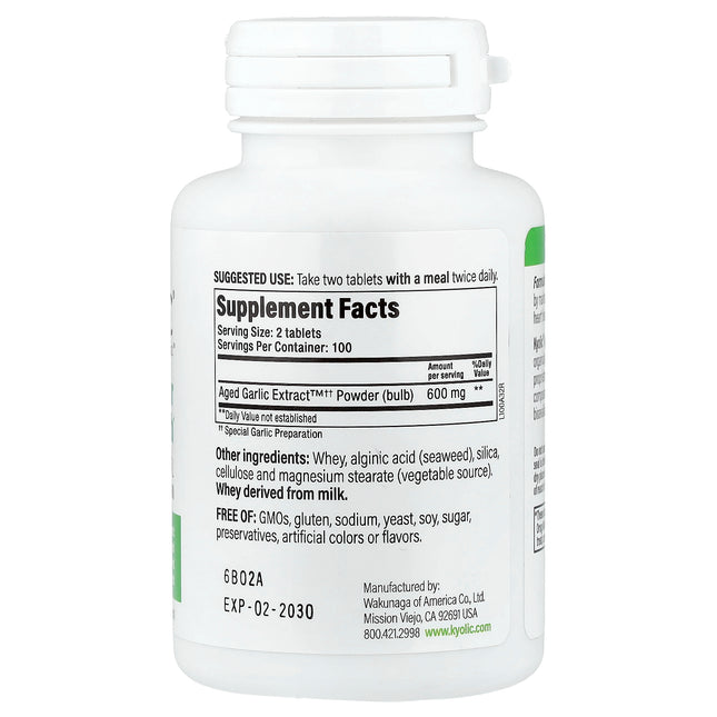 Kyolic Aged Garlic Extract Original Formula 100 tablets bottle - back label with supplement facts and ingredients